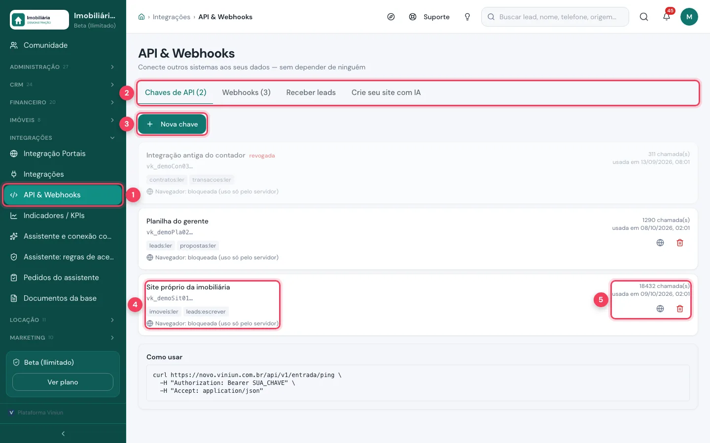 Tela API e Webhooks da Viniun com a lista de chaves de API