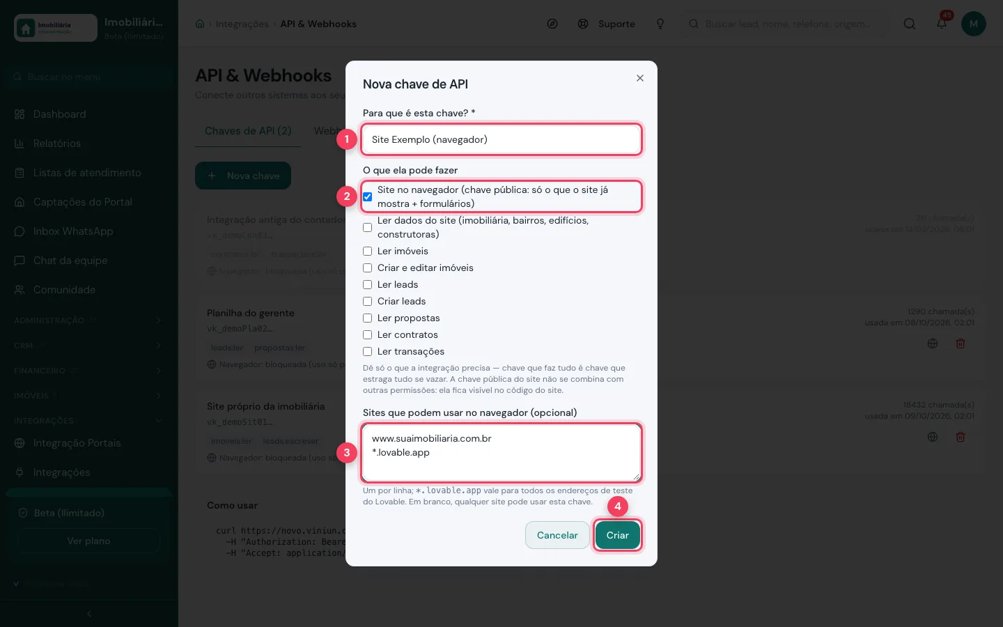 Formulário Nova chave de API com a chave pública do site marcada