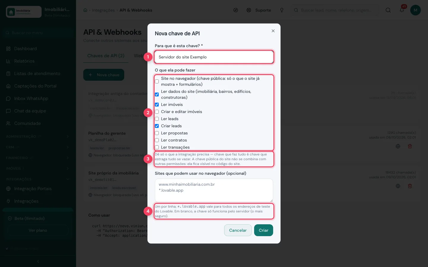 Formulário Nova chave de API com as permissões de servidor marcadas
