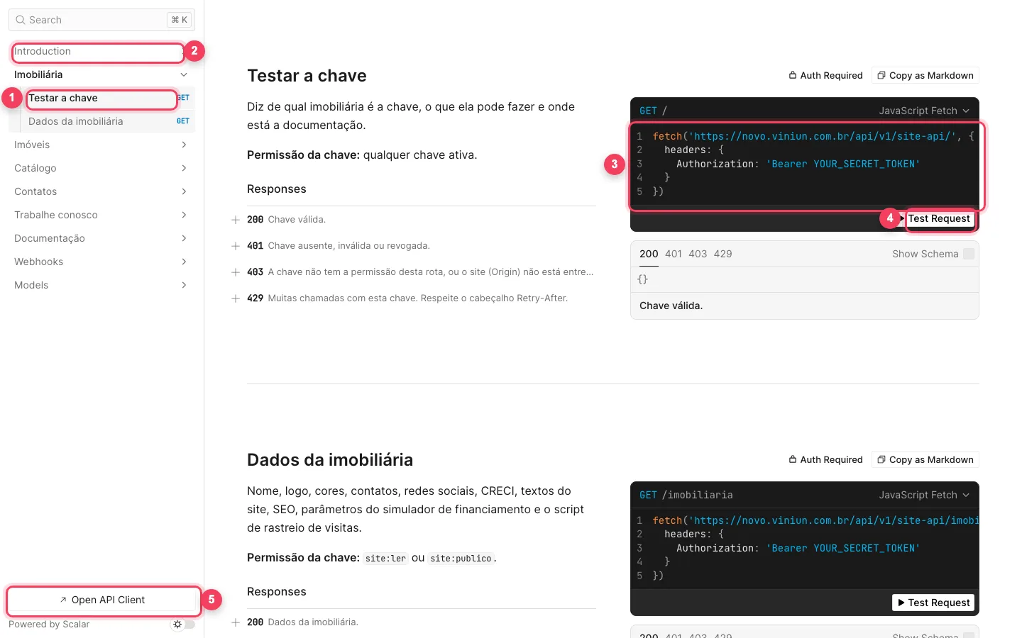 Documentação da API do site da Viniun aberta em Testar a chave