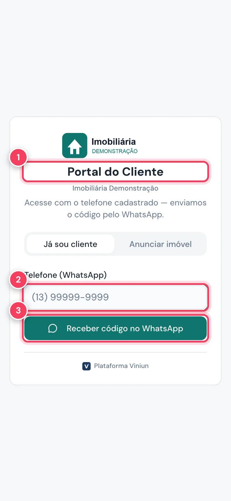 Tela de entrada do app do cliente no celular com o título, o campo de telefone e o botão Receber código no WhatsApp marcados