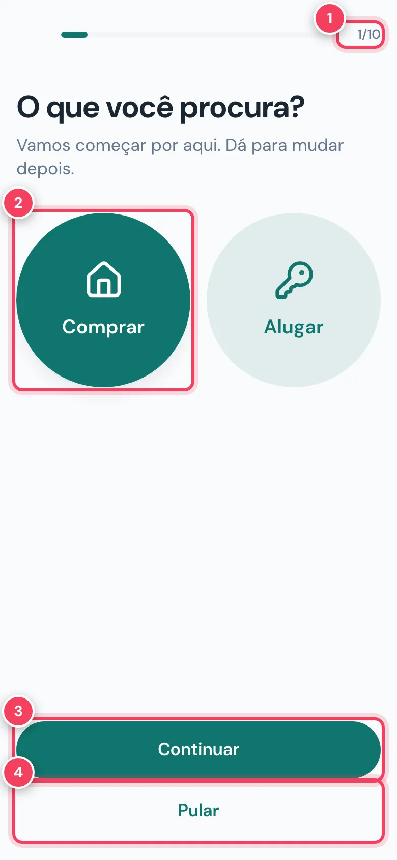 Primeira pergunta do app do cliente, O que você procura, com o contador 1/10, a opção Comprar, Continuar e Pular marcados