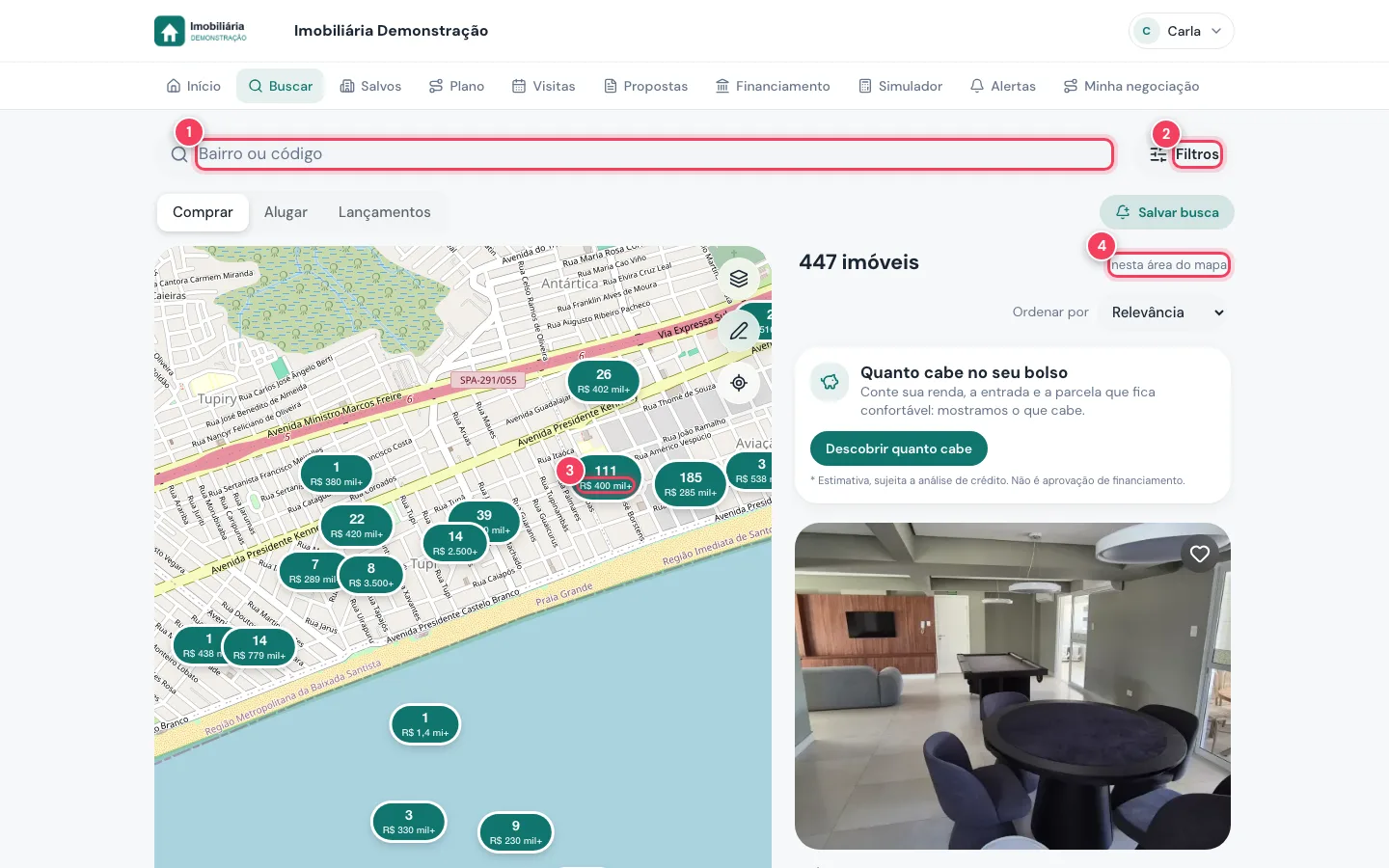 Busca do app do cliente no computador com mapa à esquerda e lista à direita