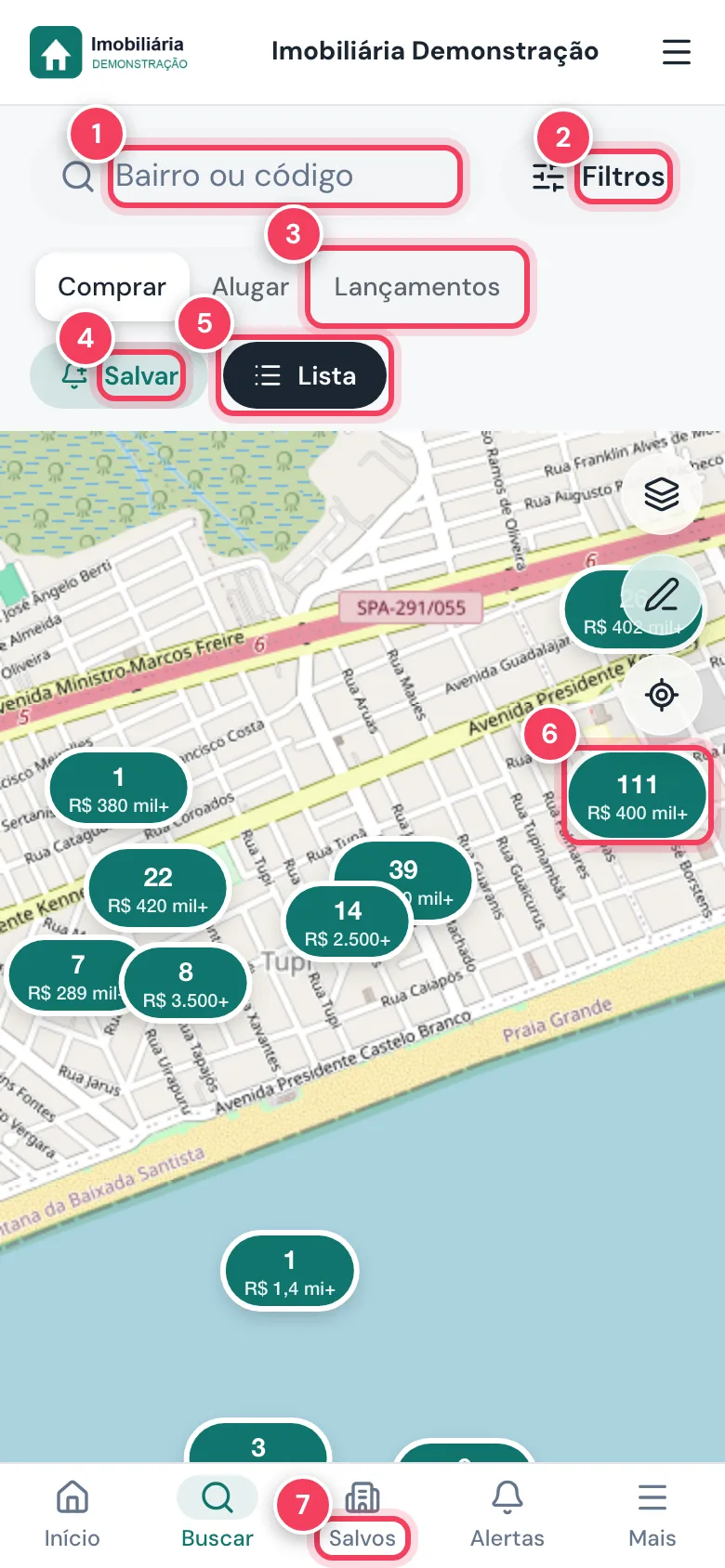 Busca no mapa do app do cliente no celular com campo de bairro, Filtros, Lançamentos, Salvar, Lista, um grupo de imóveis e Salvos marcados