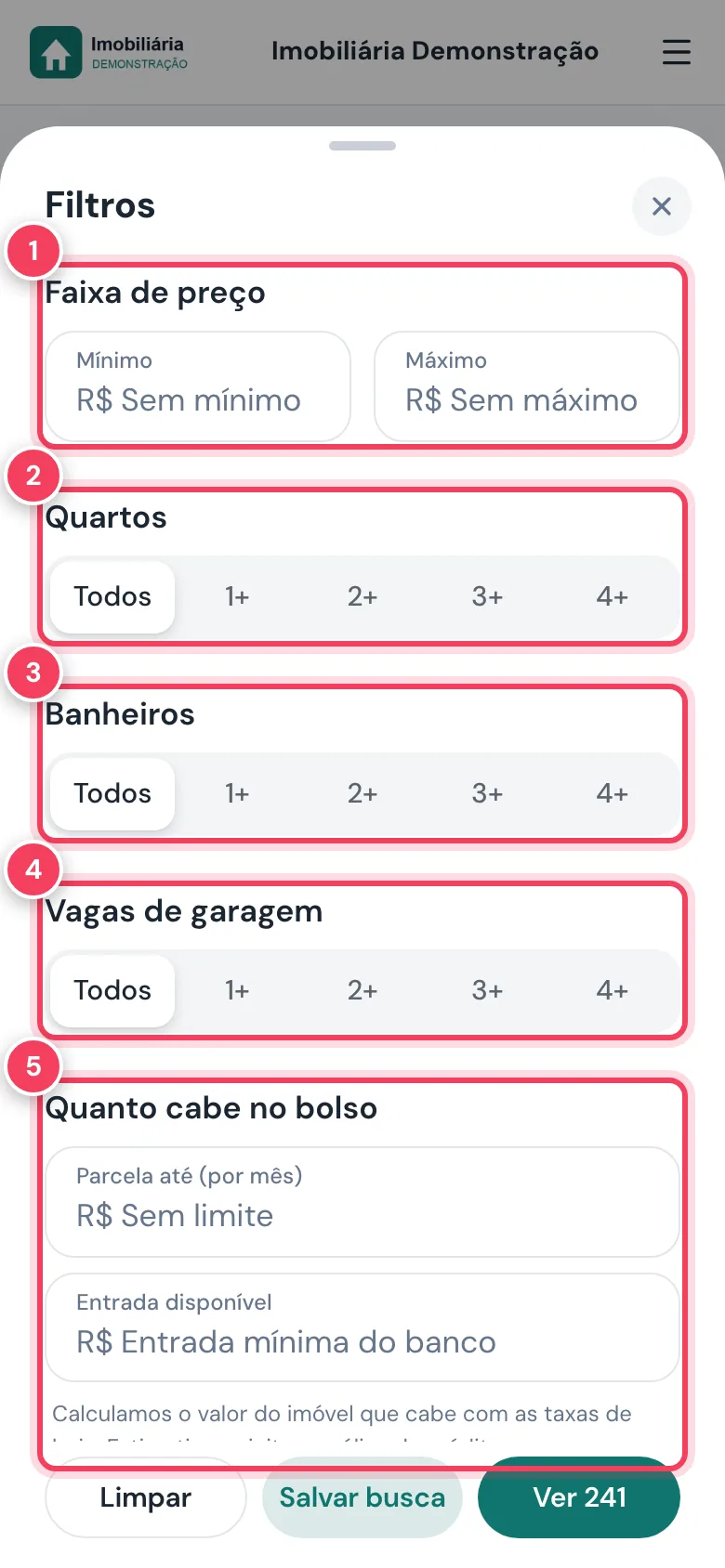 Filtros do app do cliente com faixa de preço, quartos, banheiros, vagas e quanto cabe no bolso marcados