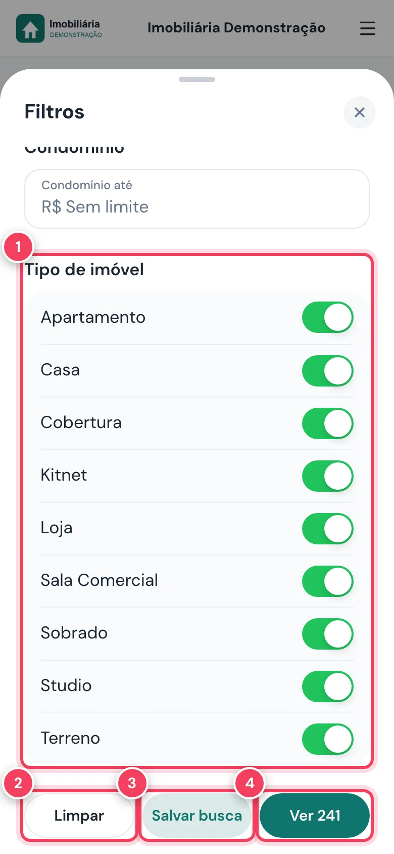 Final dos filtros com tipo de imóvel e os botões Limpar, Salvar busca e Ver marcados