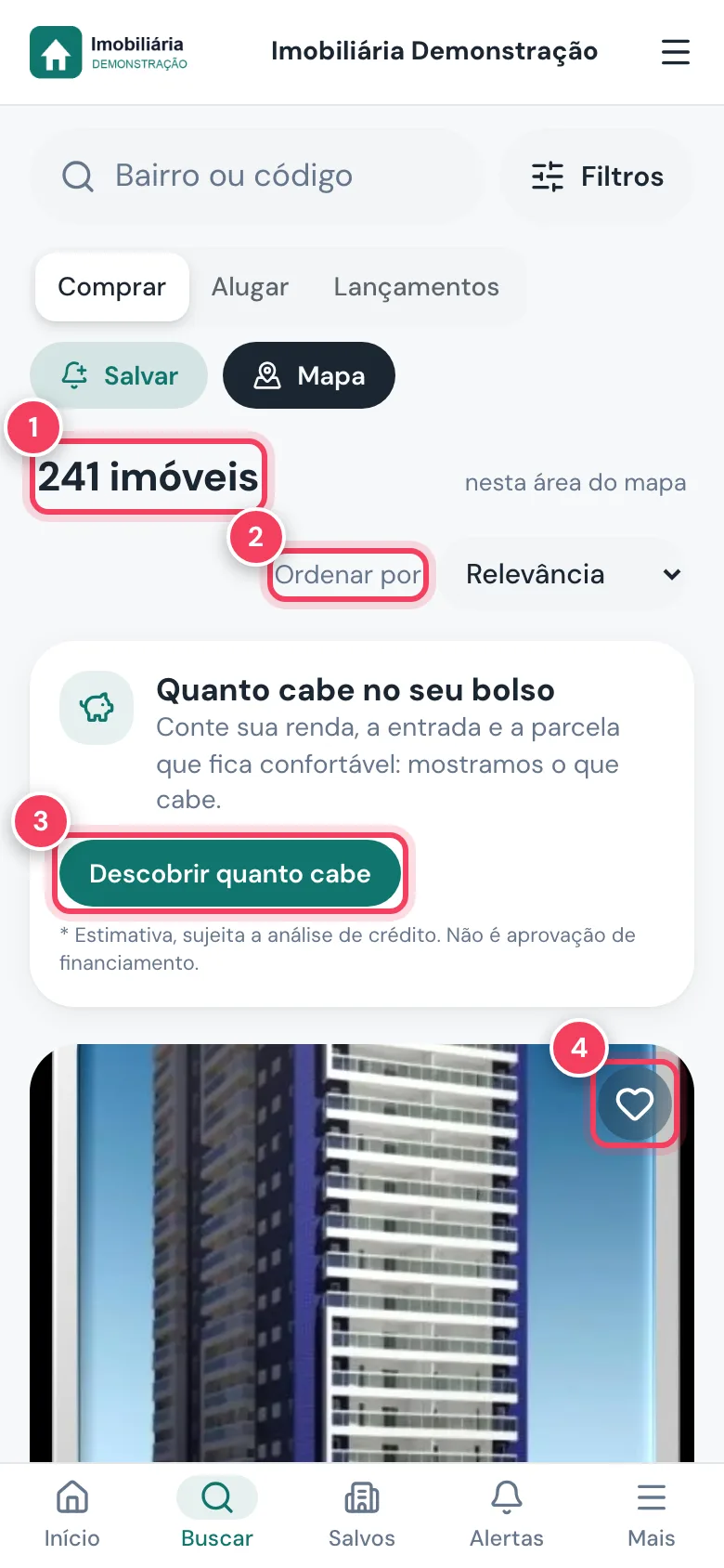Lista de imóveis do app do cliente com total, ordenar, quanto cabe no bolso e o coração de salvar marcados