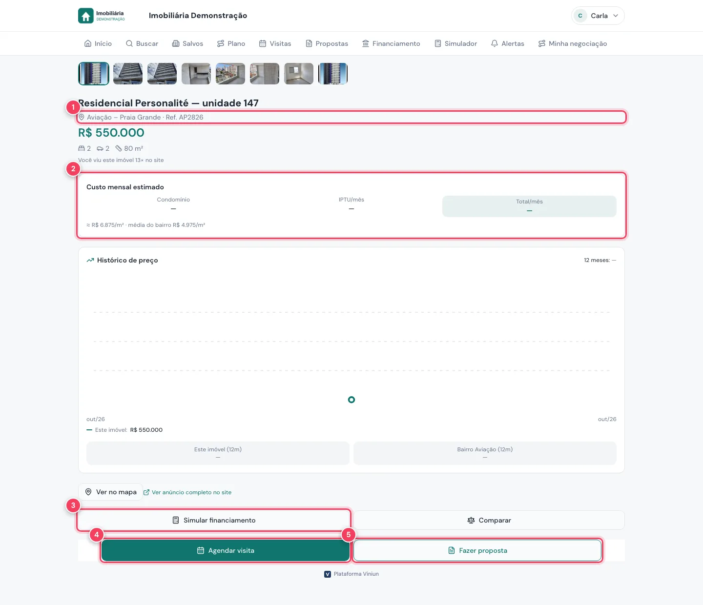 Ficha do imóvel no computador com referência, custo mensal, Simular financiamento, Agendar visita e Fazer proposta marcados