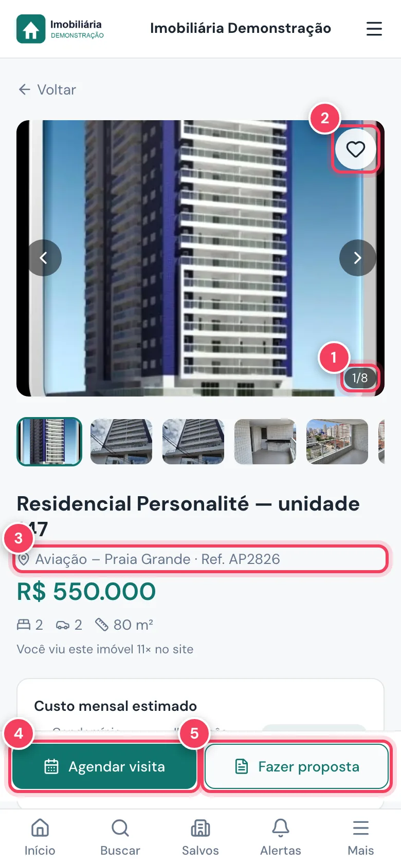 Ficha do imóvel no celular com fotos, favoritar, endereço e referência, Agendar visita e Fazer proposta marcados