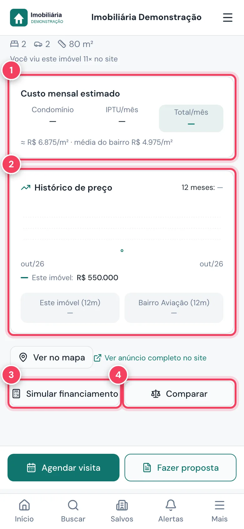 Parte de baixo da ficha do imóvel com custo mensal, histórico de preço, Simular financiamento e Comparar marcados