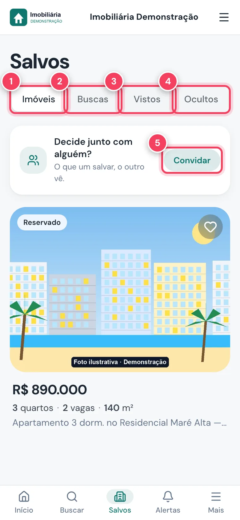 Tela Salvos do app do cliente com as abas Imóveis, Buscas, Vistos e Ocultos e o botão Convidar marcados