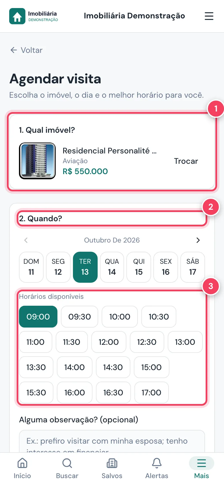 Agendar visita no celular com o imóvel, o dia escolhido e os horários disponíveis marcados