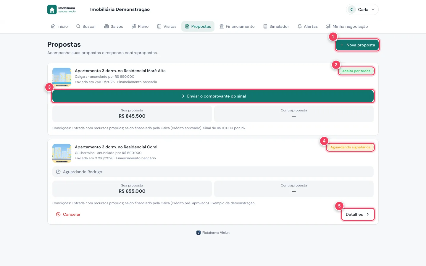 Lista de propostas do cliente no computador com Nova proposta, status, enviar comprovante do sinal e Detalhes marcados