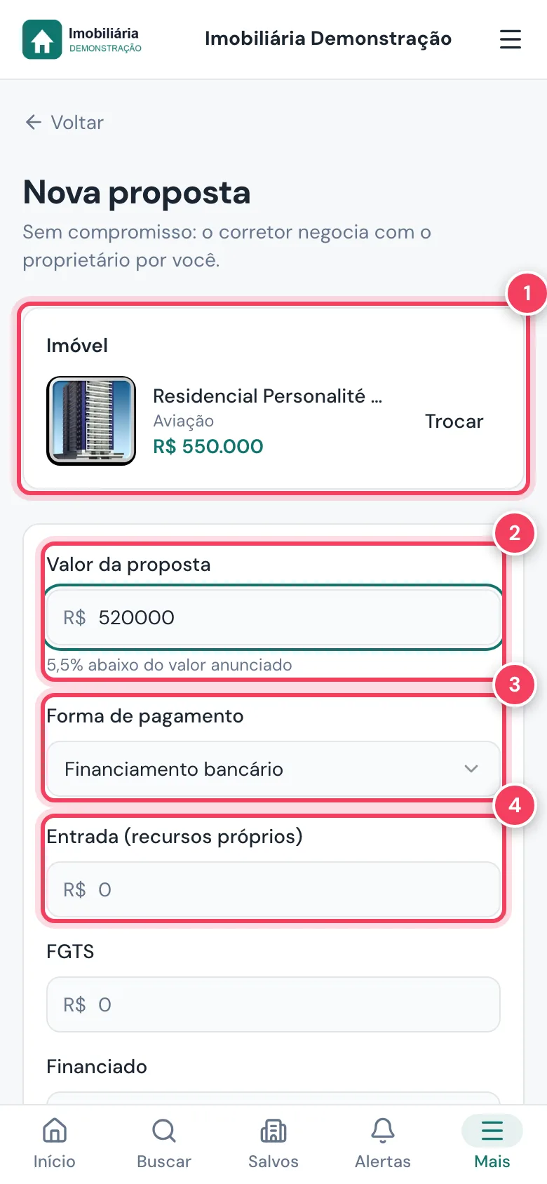 Nova proposta no celular com imóvel, valor da proposta, forma de pagamento e entrada marcados