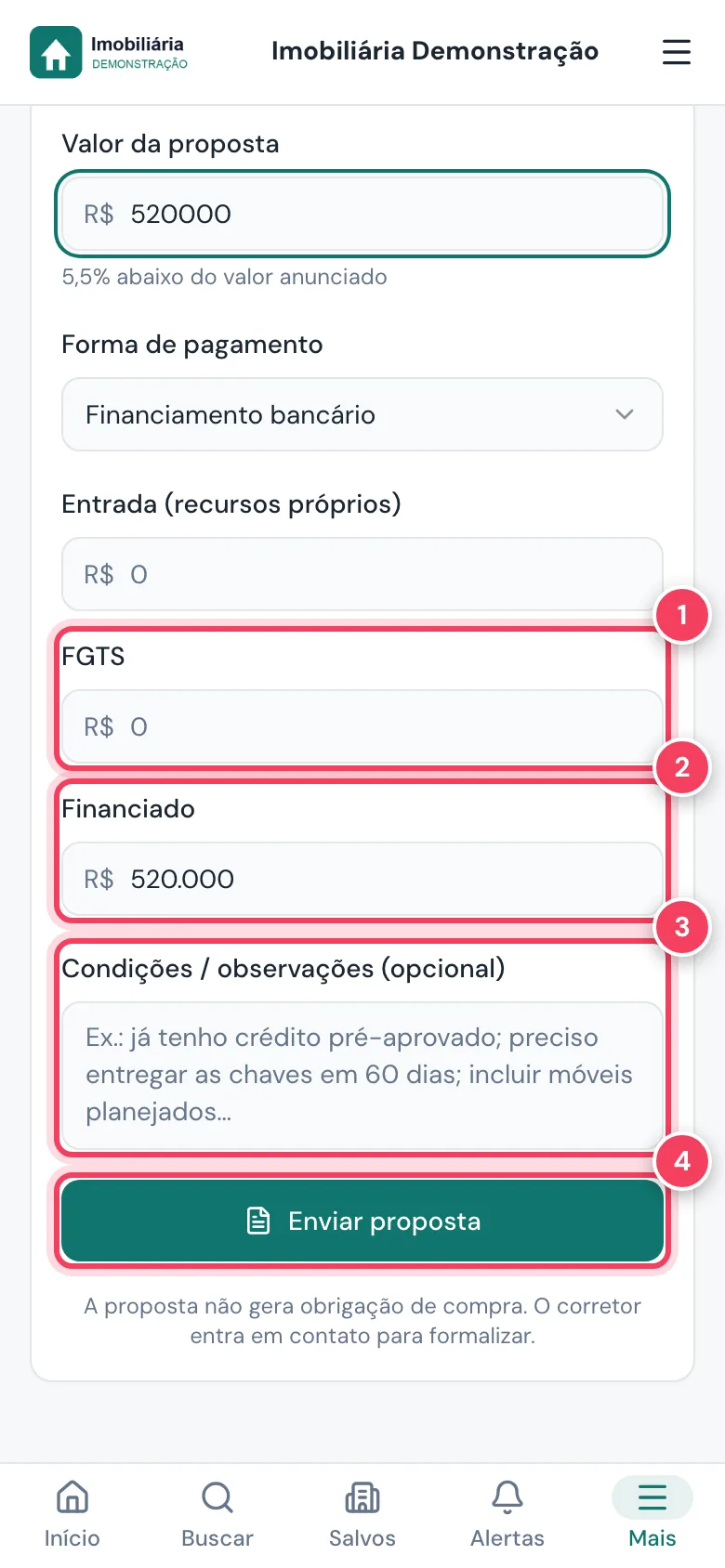 Final da proposta com FGTS, financiado, condições e o botão Enviar proposta marcados