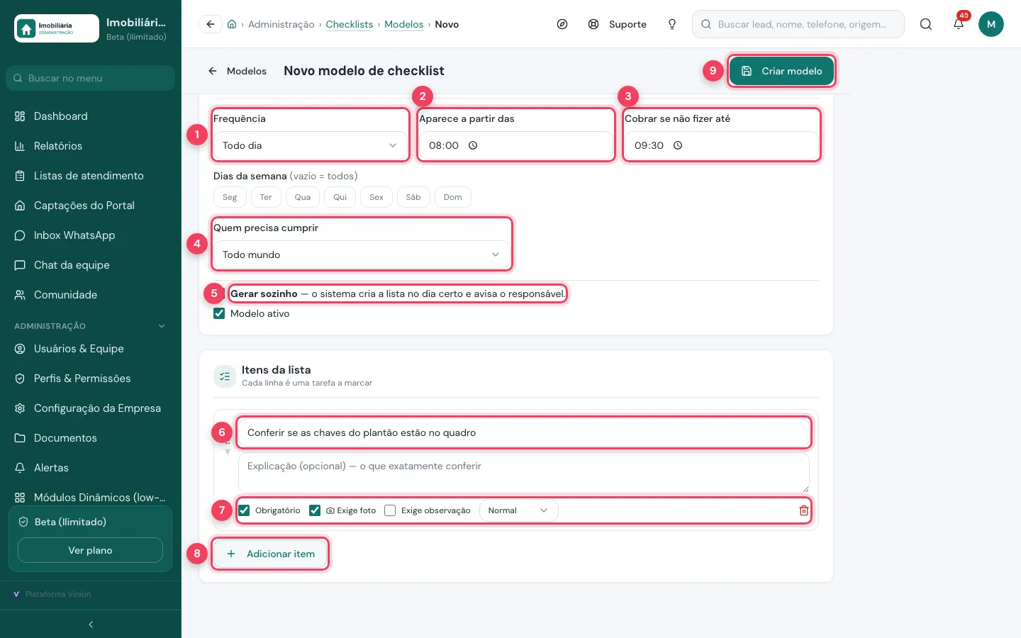 Formulário Novo modelo de checklist com frequência, horários, quem cumpre, Gerar sozinho, um item, as opções do item, Adicionar item e Criar modelo marcados