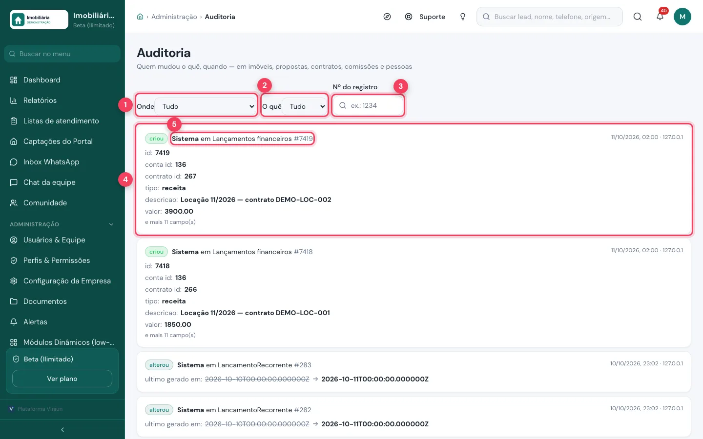 Tela Auditoria com os filtros Onde, O quê e Nº do registro, um registro de criação e o autor marcados