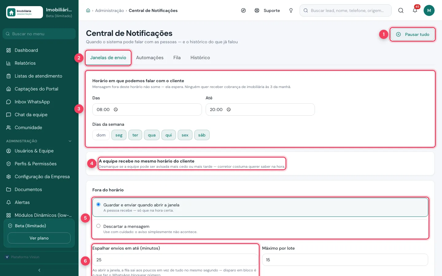 Central de Notificações com Pausar tudo, a aba Janelas de envio, horário e dias, a opção da equipe, o que fazer fora do horário e Espalhar envios marcados