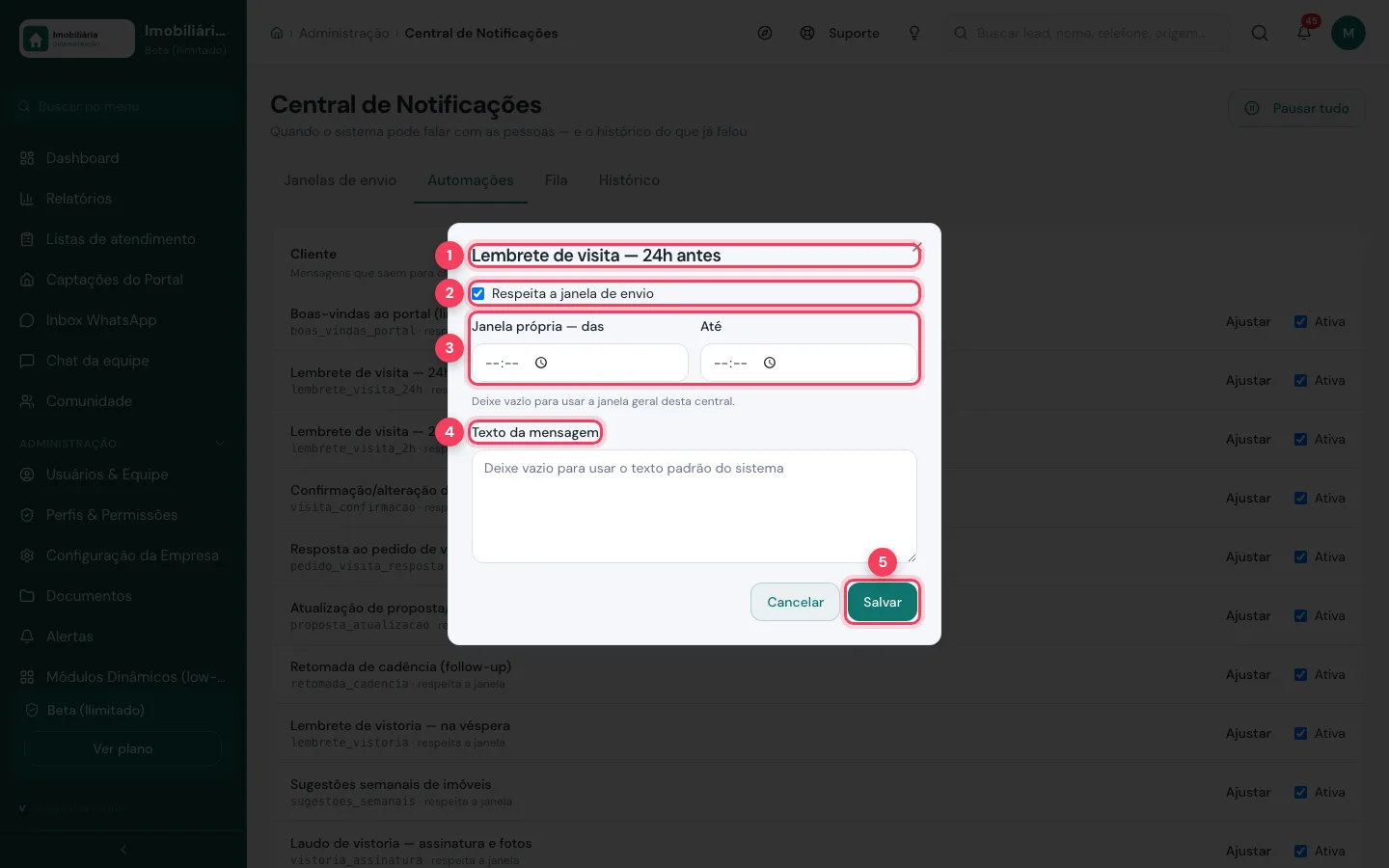 Janela de ajuste da automação com o nome, Respeita a janela de envio, janela própria, texto da mensagem e o botão Salvar marcados