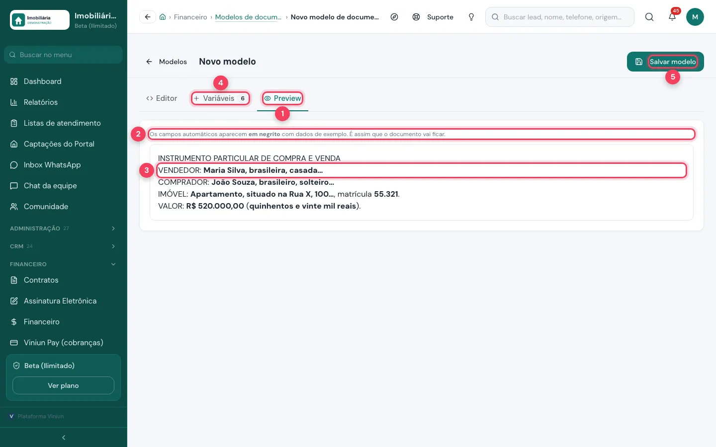 Preview do modelo com campos automáticos em negrito e dados de exemplo