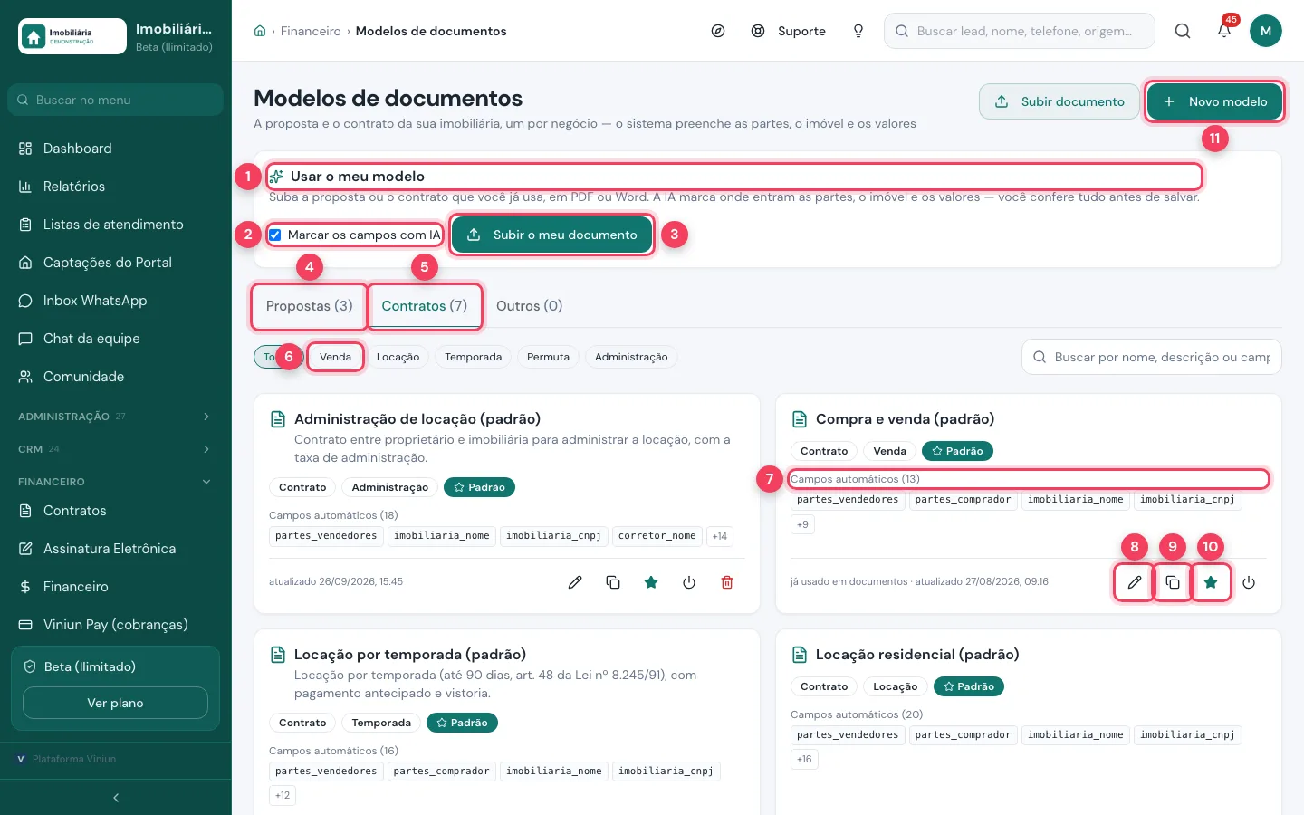 Modelos de documentos com subir o meu documento, abas, filtro por negócio e ações do modelo