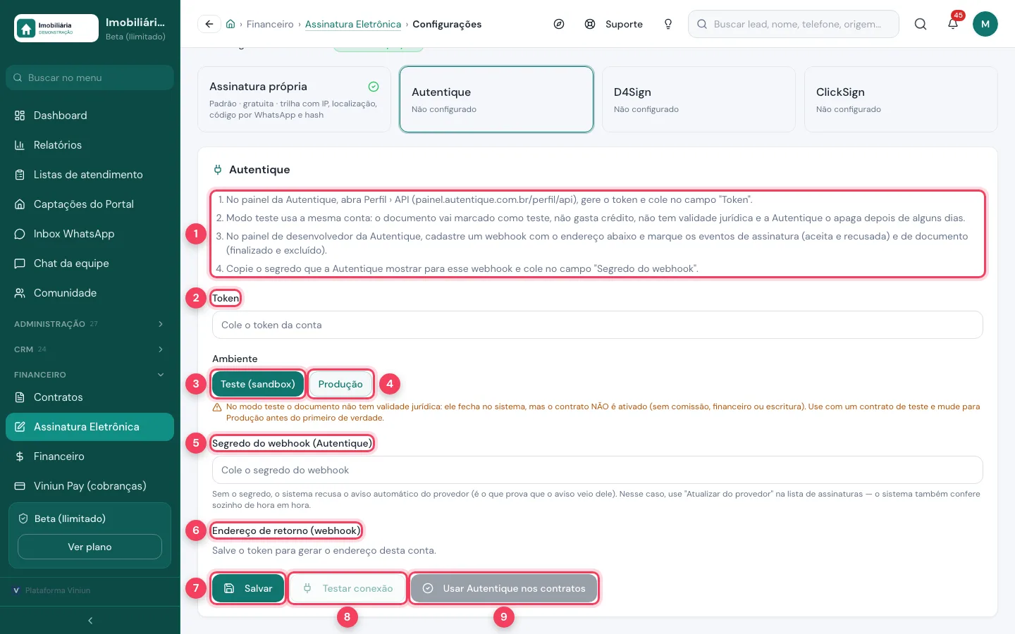 Configuração da Autentique com token, ambiente teste ou produção, segredo do webhook e testar conexão