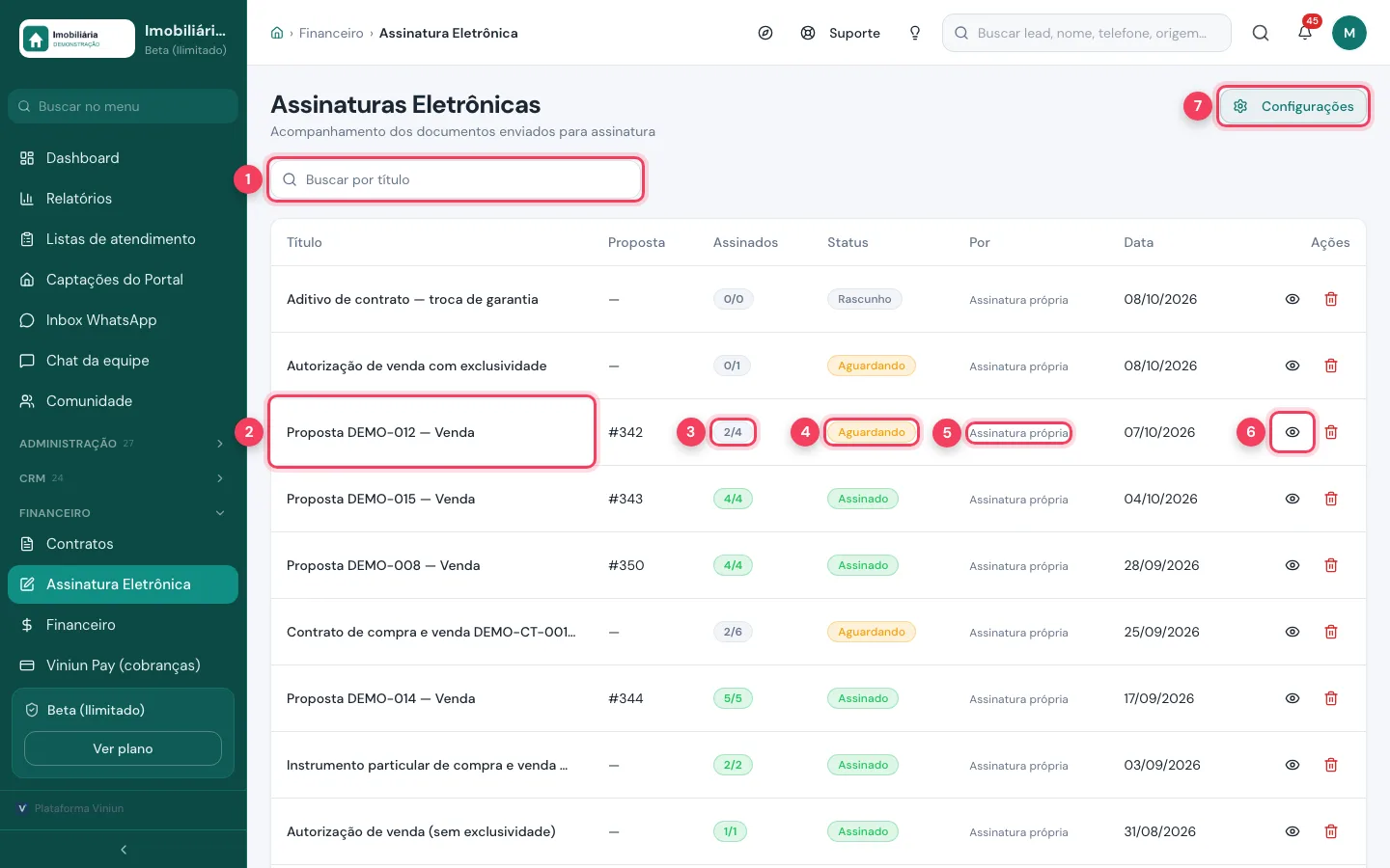 Lista de assinaturas eletrônicas com título, assinados, status, provedor e ver detalhes