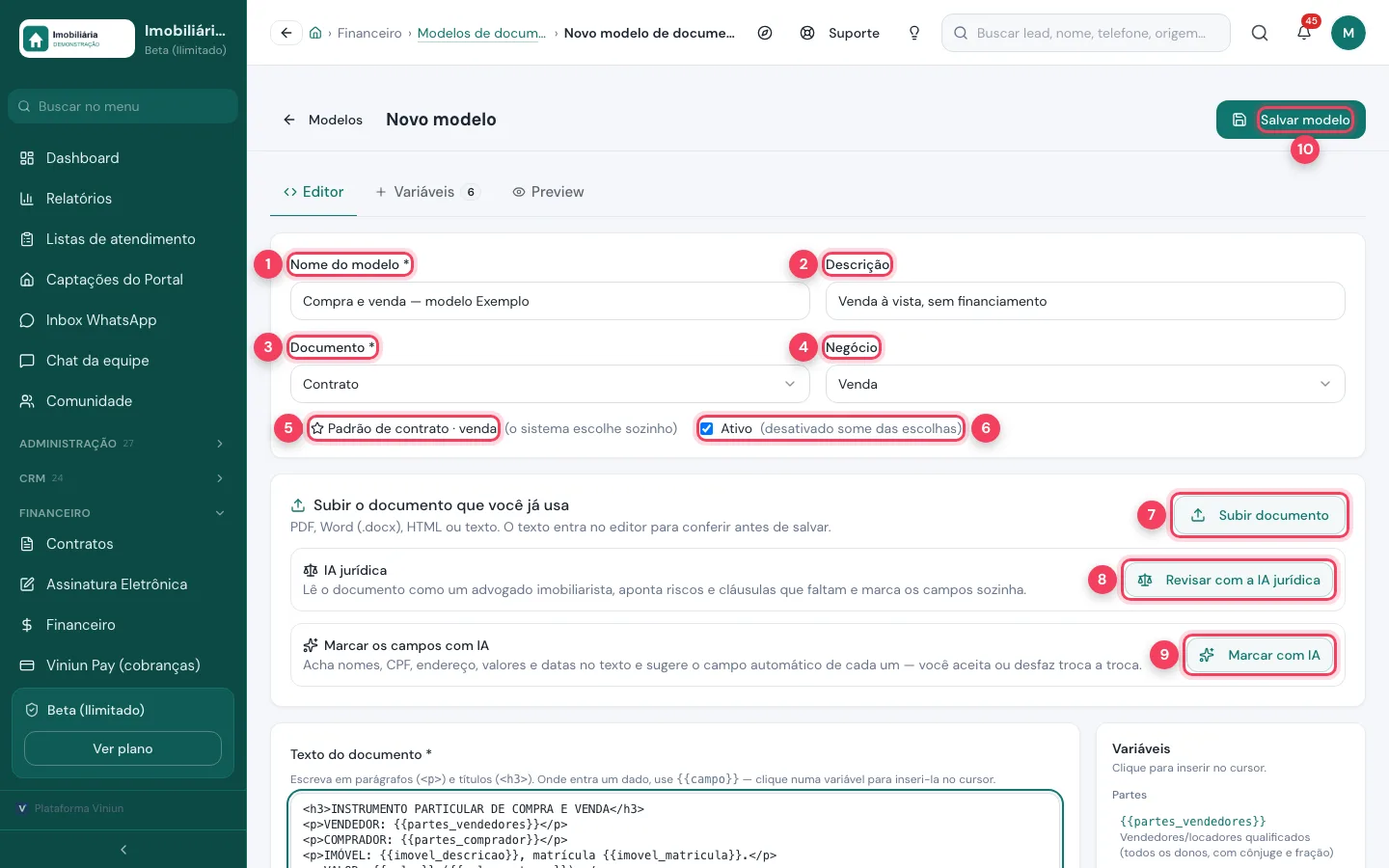 Editor de modelo com nome, descrição, documento, negócio, padrão, subir documento e IA jurídica