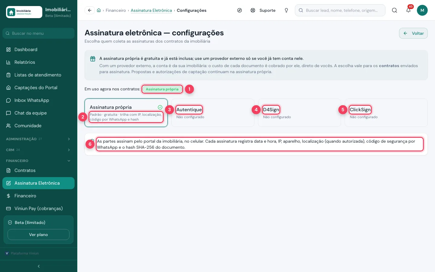Configurações da assinatura eletrônica com assinatura própria, Autentique, D4Sign e ClickSign