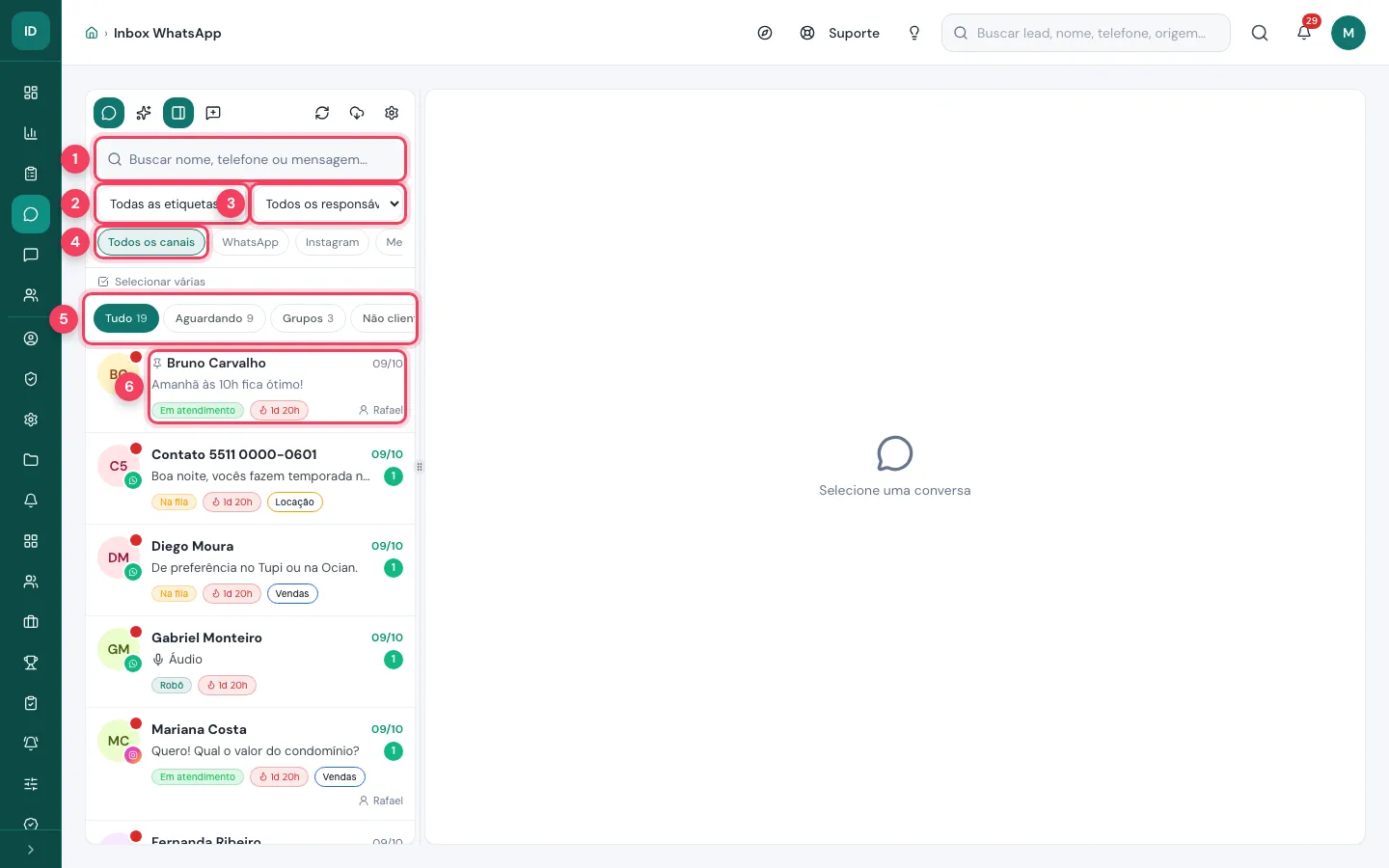 Lista de conversas do inbox do WhatsApp com busca e filtros