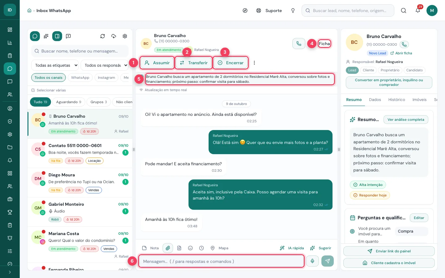 Conversa aberta com os botões Assumir, Transferir e Encerrar