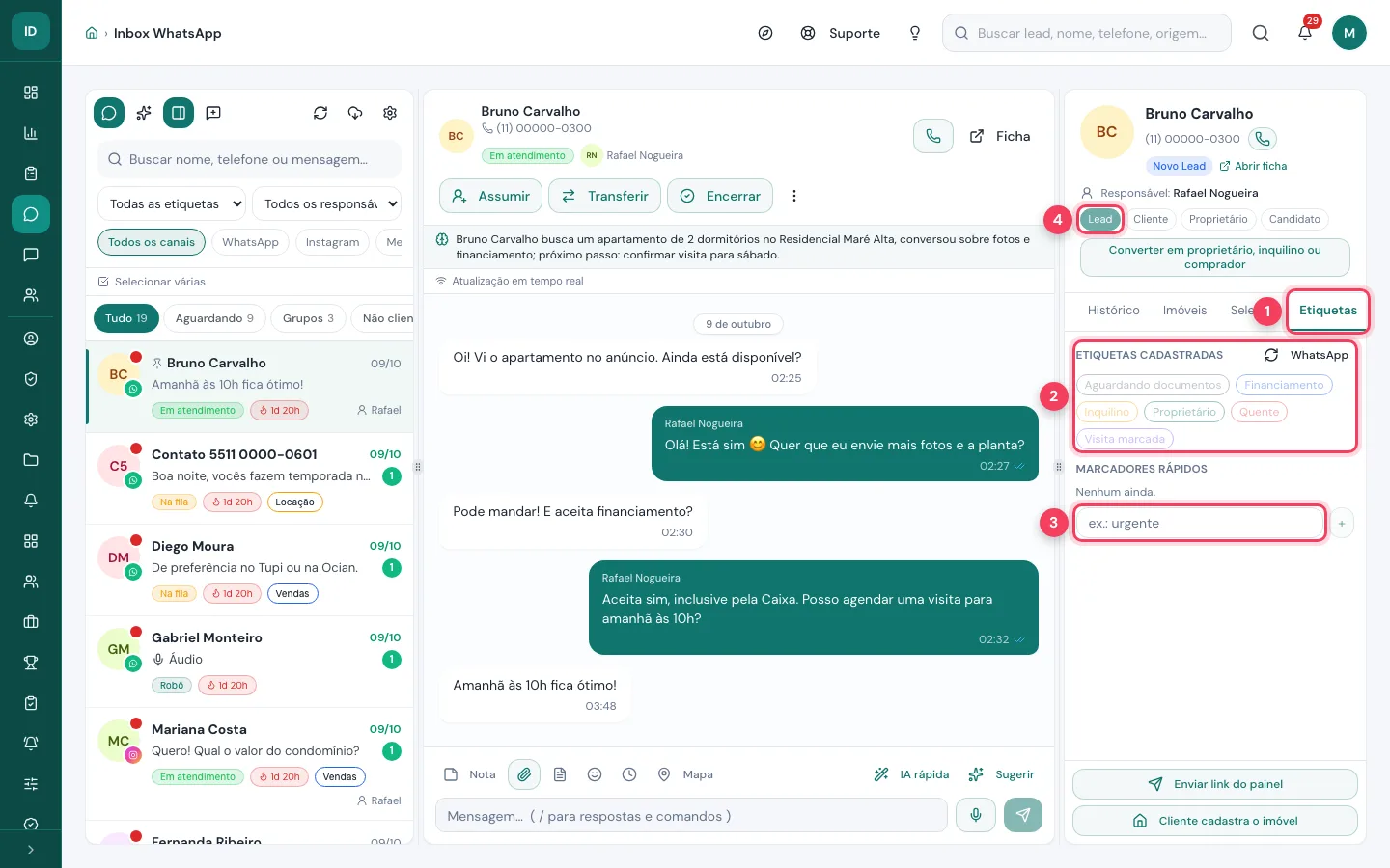 Aba Etiquetas na ficha do cliente dentro do inbox