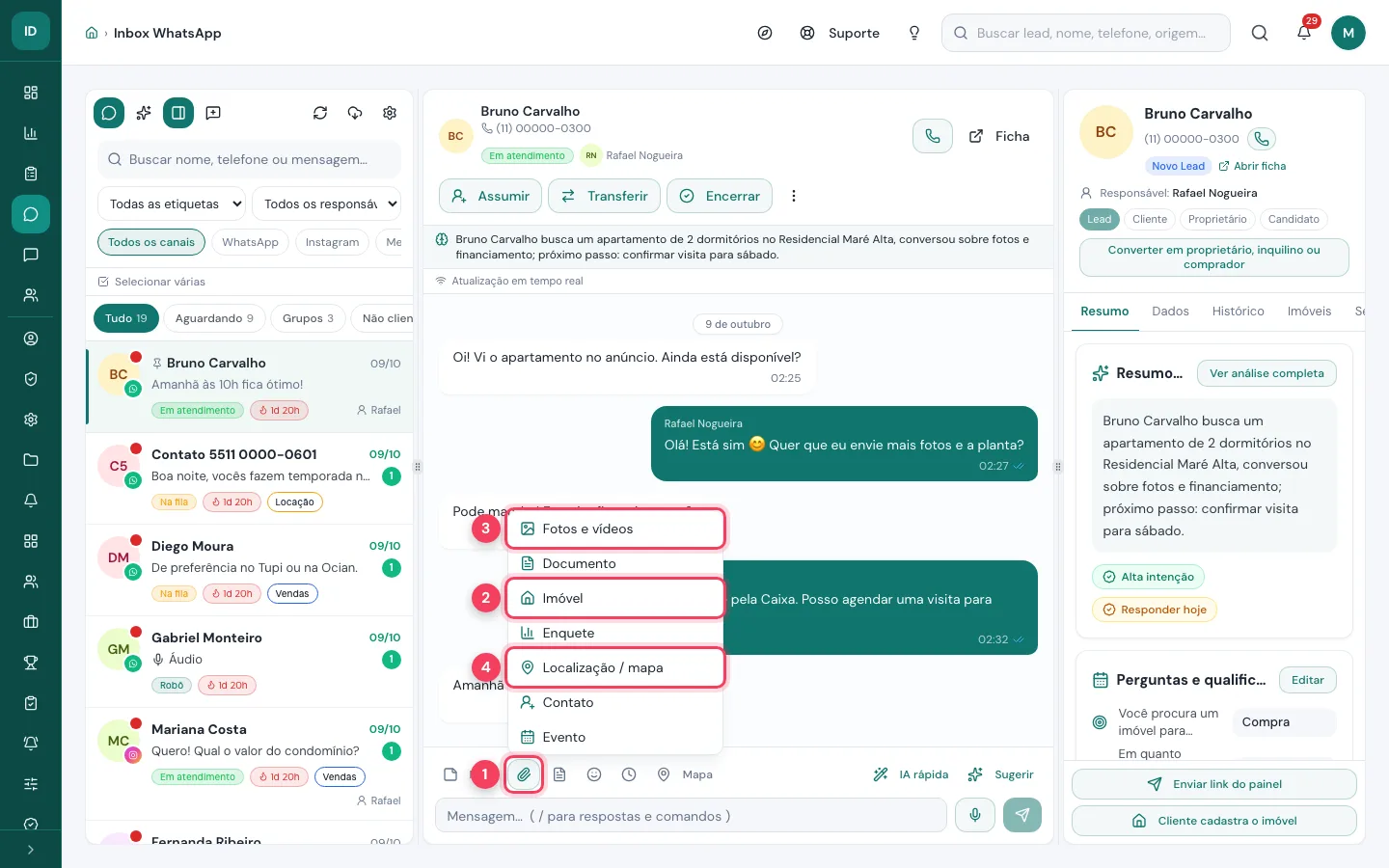 Menu de anexos do inbox com a opção Imóvel