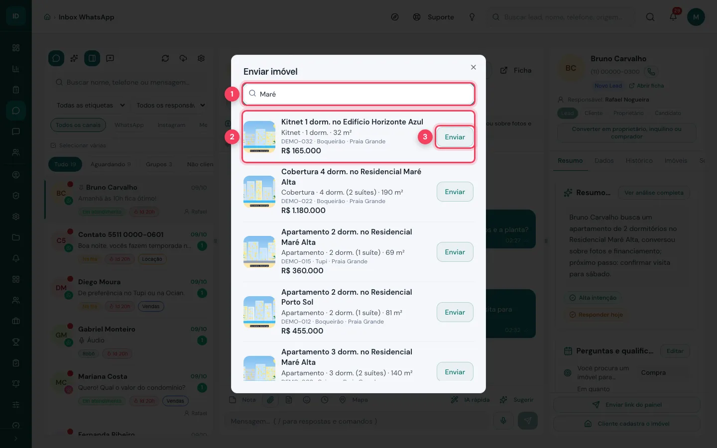 Janela Enviar imóvel com busca e resultados