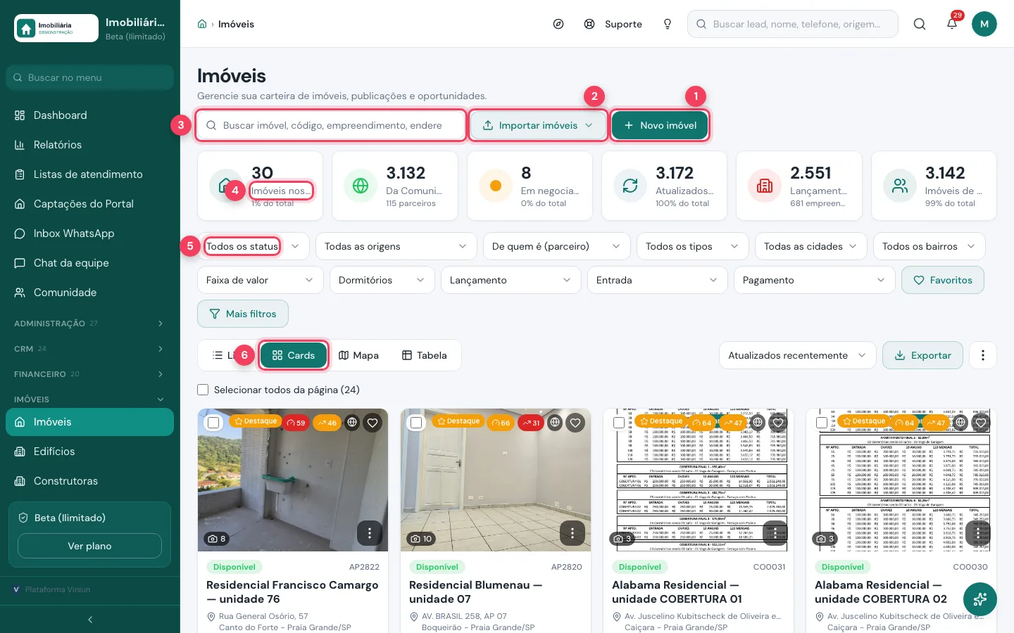 Lista de imóveis com os botões Novo imóvel e Importar imóveis marcados