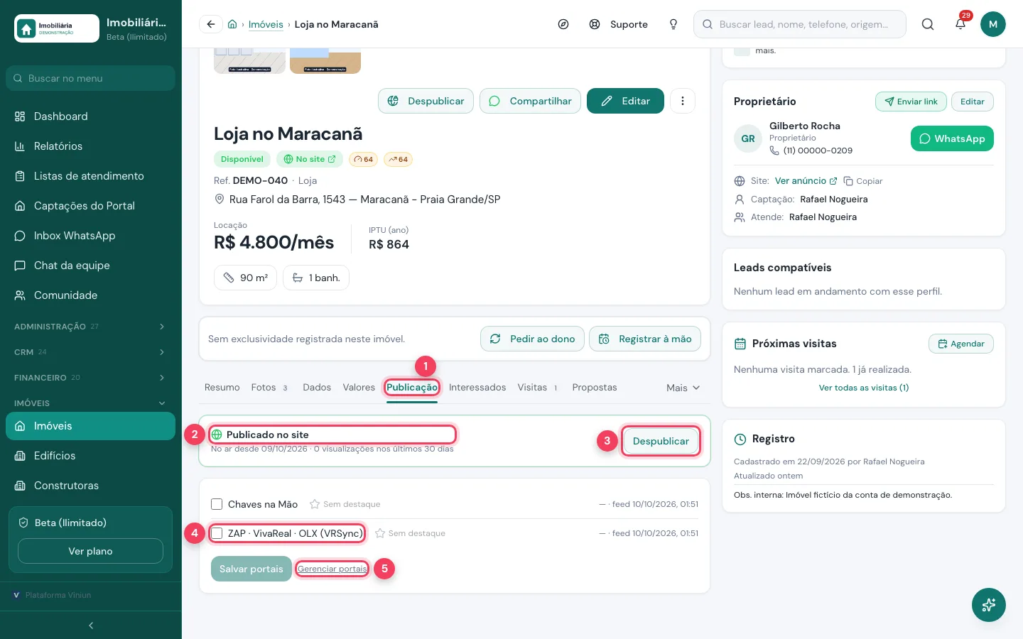 Aba Publicação do imóvel mostrando Publicado no site, Despublicar e a lista de portais