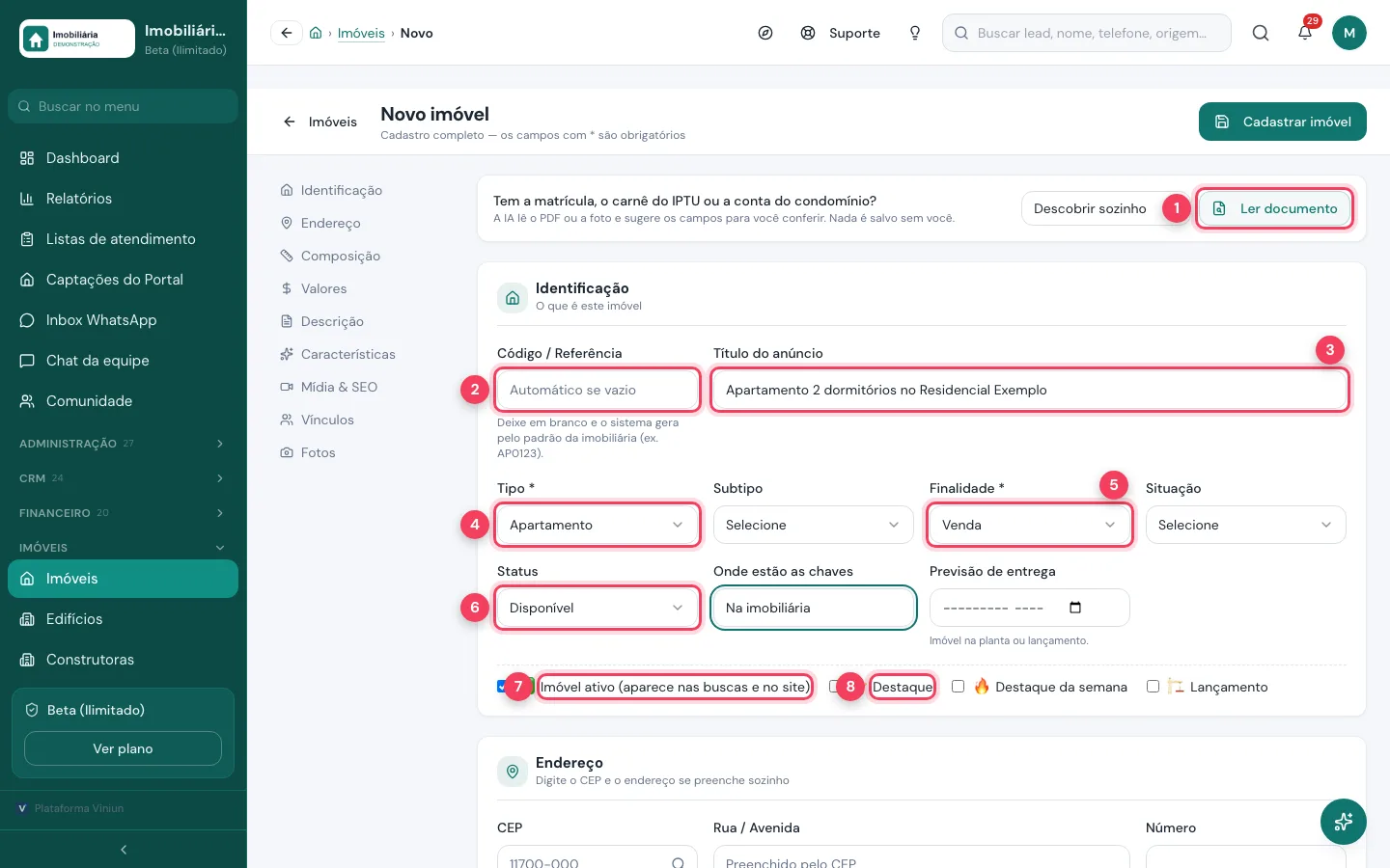 Bloco Identificação do novo imóvel com título, tipo, finalidade e status preenchidos