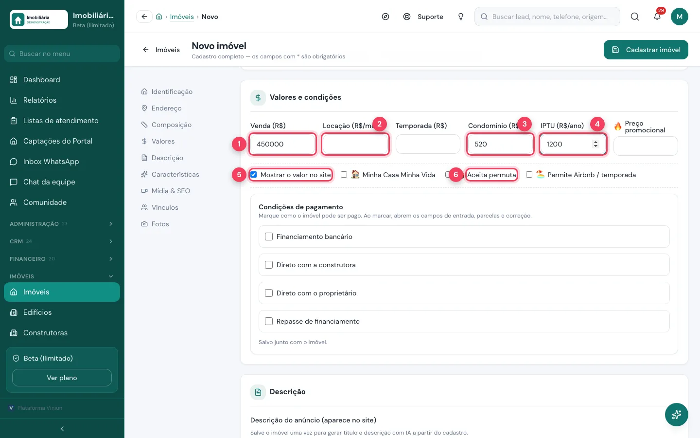 Bloco Valores e condições com valor de venda, condomínio, IPTU e a opção de mostrar o valor no site