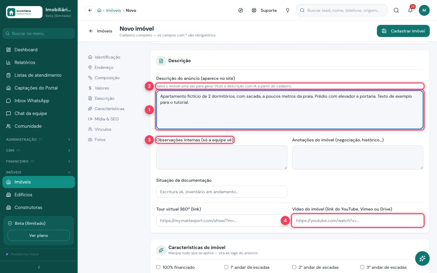 Bloco Descrição com o texto do anúncio, as observações internas e o link do vídeo