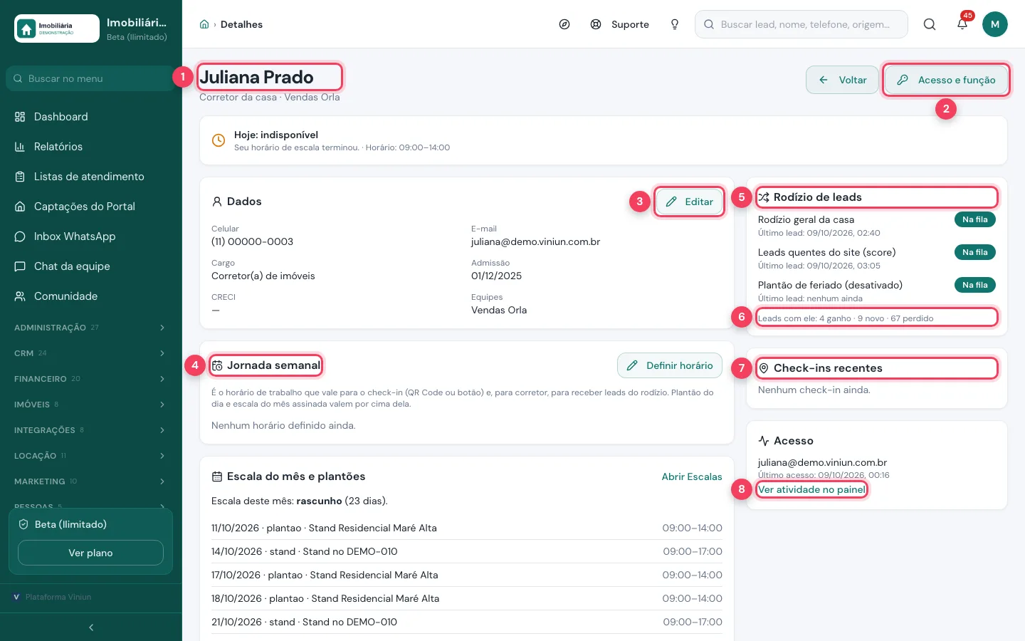 Ficha de uma corretora com o nome, Acesso e função, Editar, Jornada semanal, Rodízio de leads, leads com ela, Check-ins recentes e Ver atividade no painel marcados