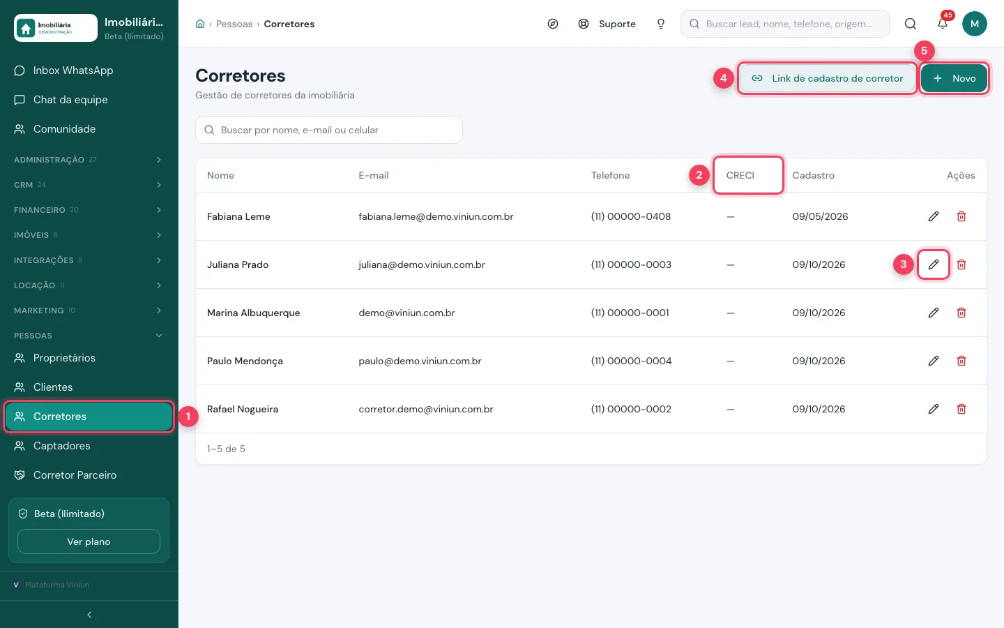 Lista de Corretores com o menu, a coluna CRECI, o lápis, o Link de cadastro de corretor e o botão Novo marcados