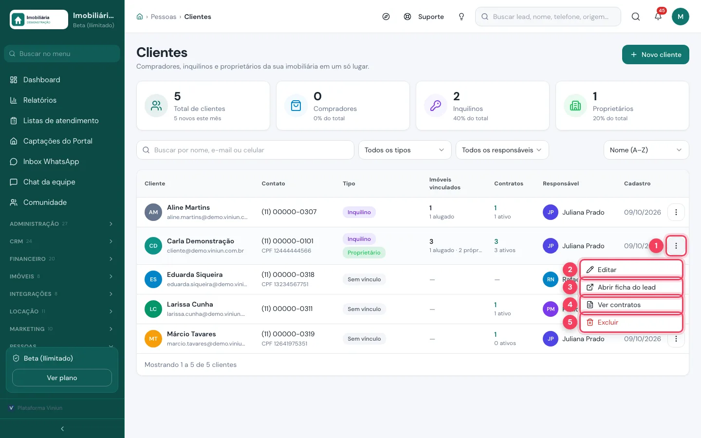 Menu de ações de um cliente com Editar, Abrir ficha do lead, Ver contratos e Excluir marcados