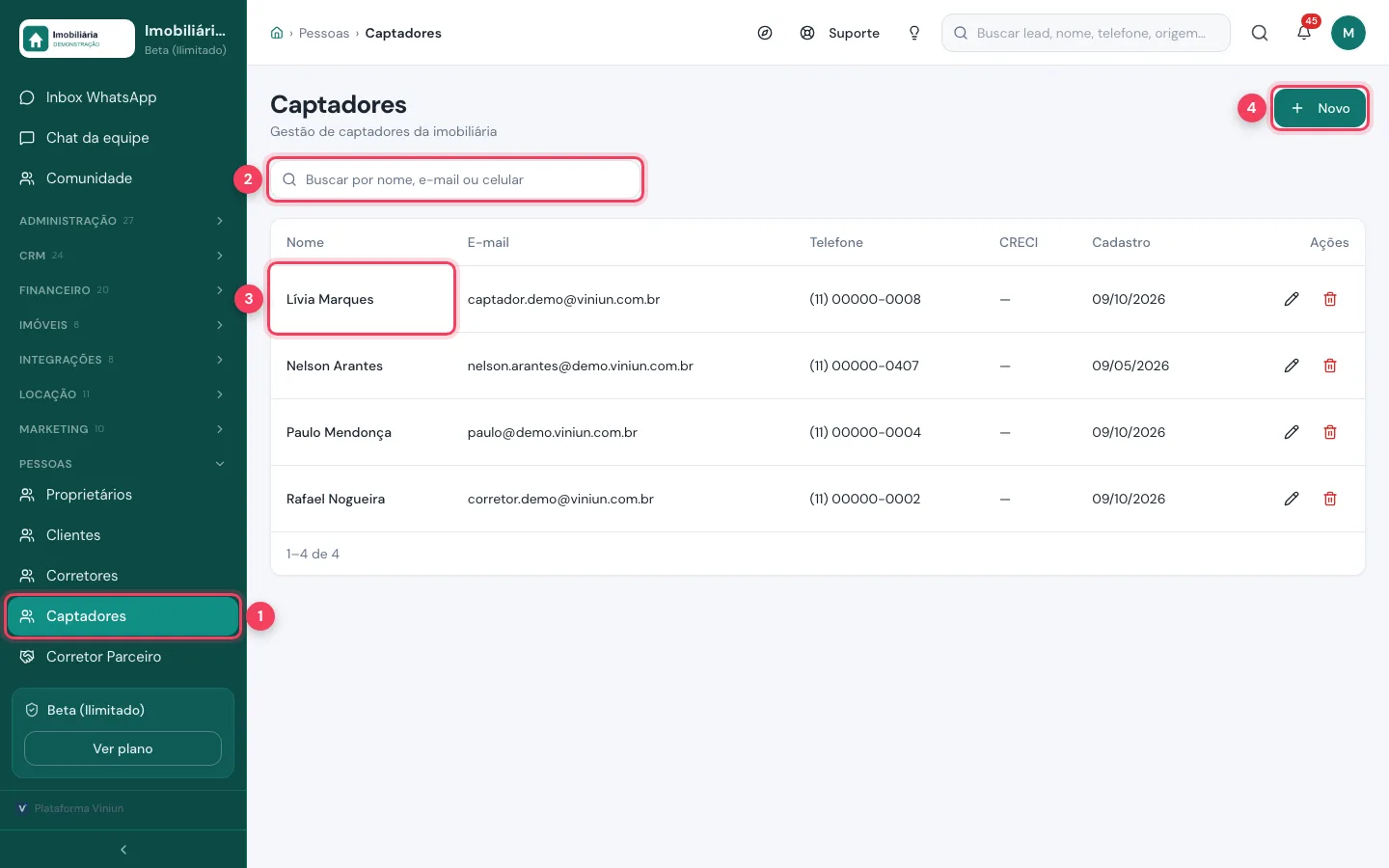 Lista de Captadores com o menu, a busca, um captador e o botão Novo marcados