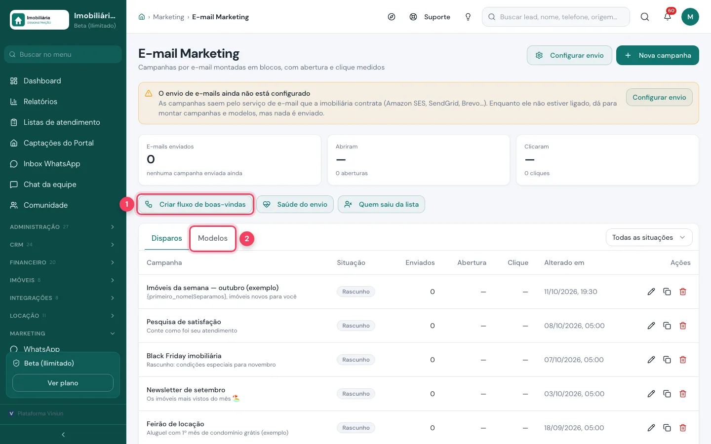 Lista de E-mail Marketing com o botão Criar fluxo de boas-vindas e a aba Modelos