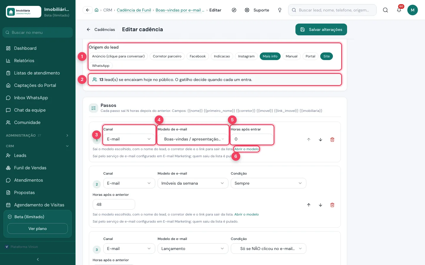 Origem do lead com Site e Mais info marcados, contagem de leads e o primeiro passo de e-mail