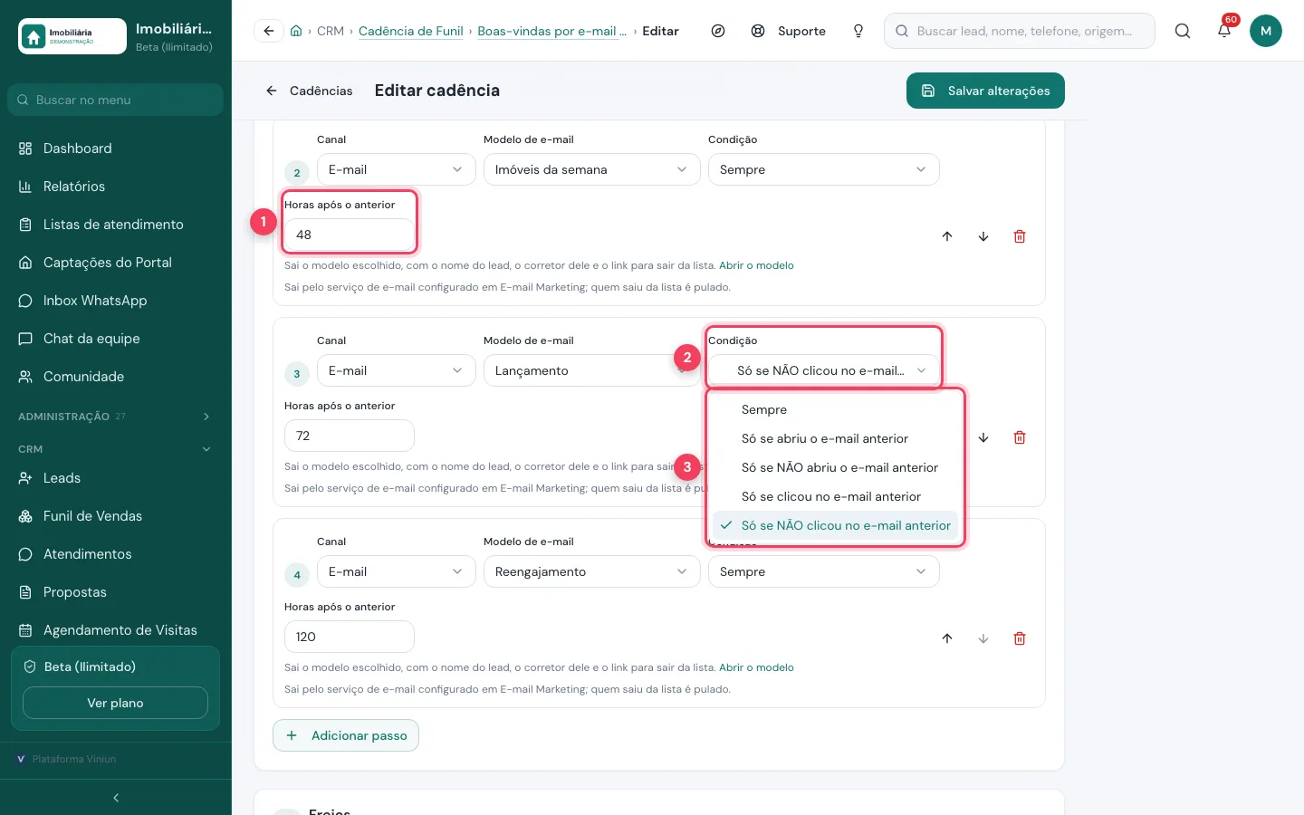 Passos de e-mail com horas após o anterior e a lista de condições aberta