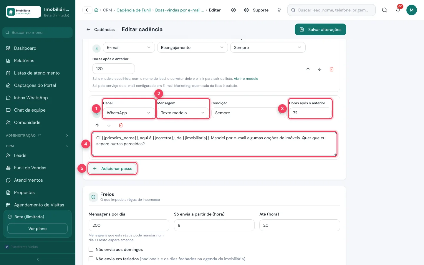 Novo passo de WhatsApp com canal, tipo de mensagem, horas e texto de exemplo
