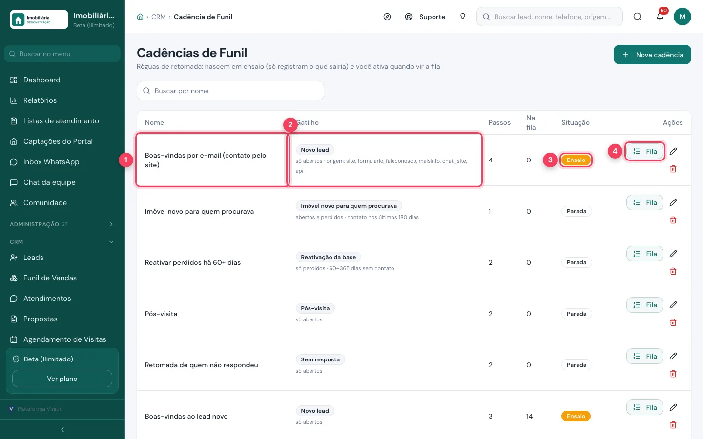 Lista de cadências com o fluxo de boas-vindas por e-mail em Ensaio e o botão Fila