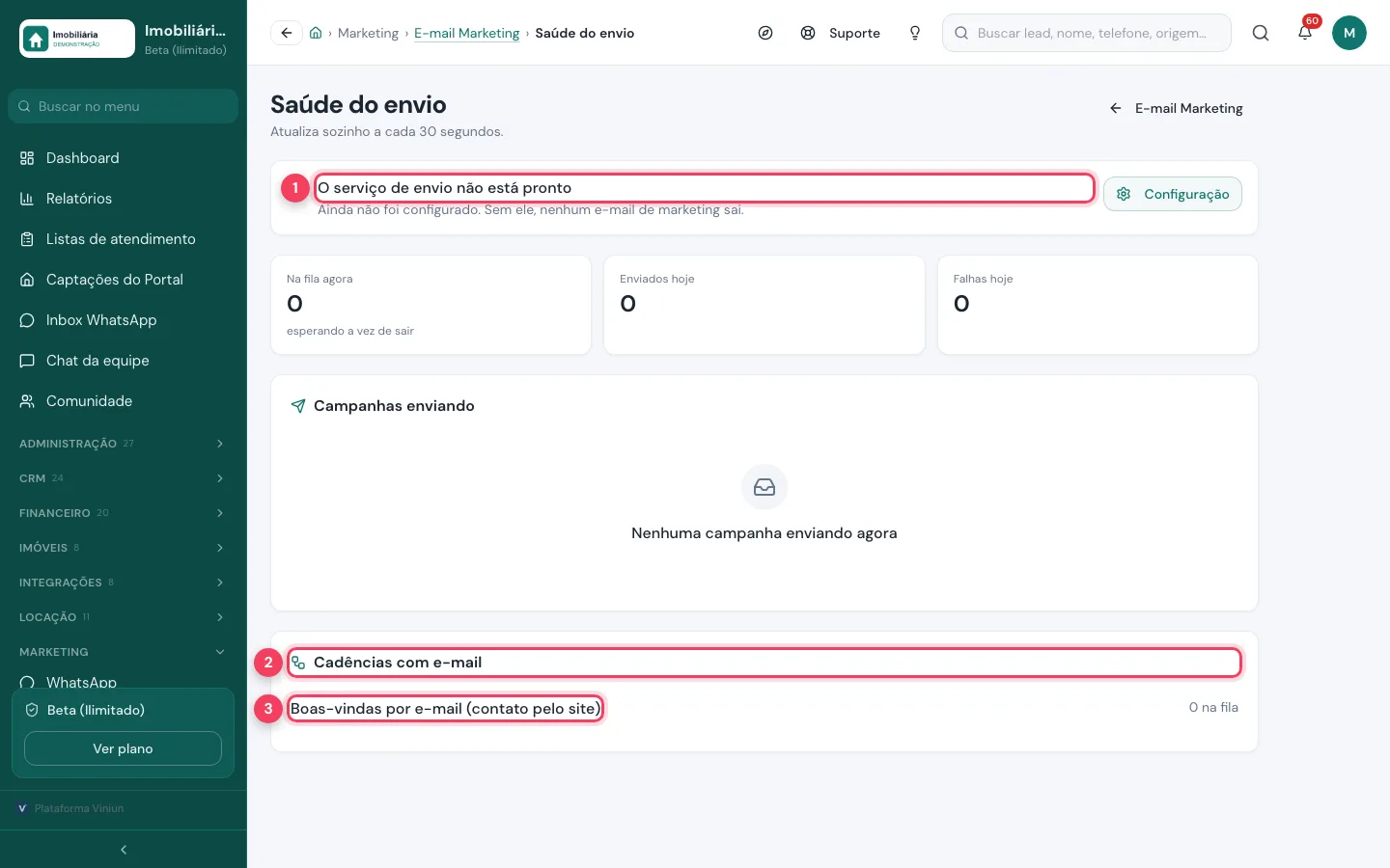 Saúde do envio com o serviço não configurado e a cadência de boas-vindas na lista de cadências com e-mail