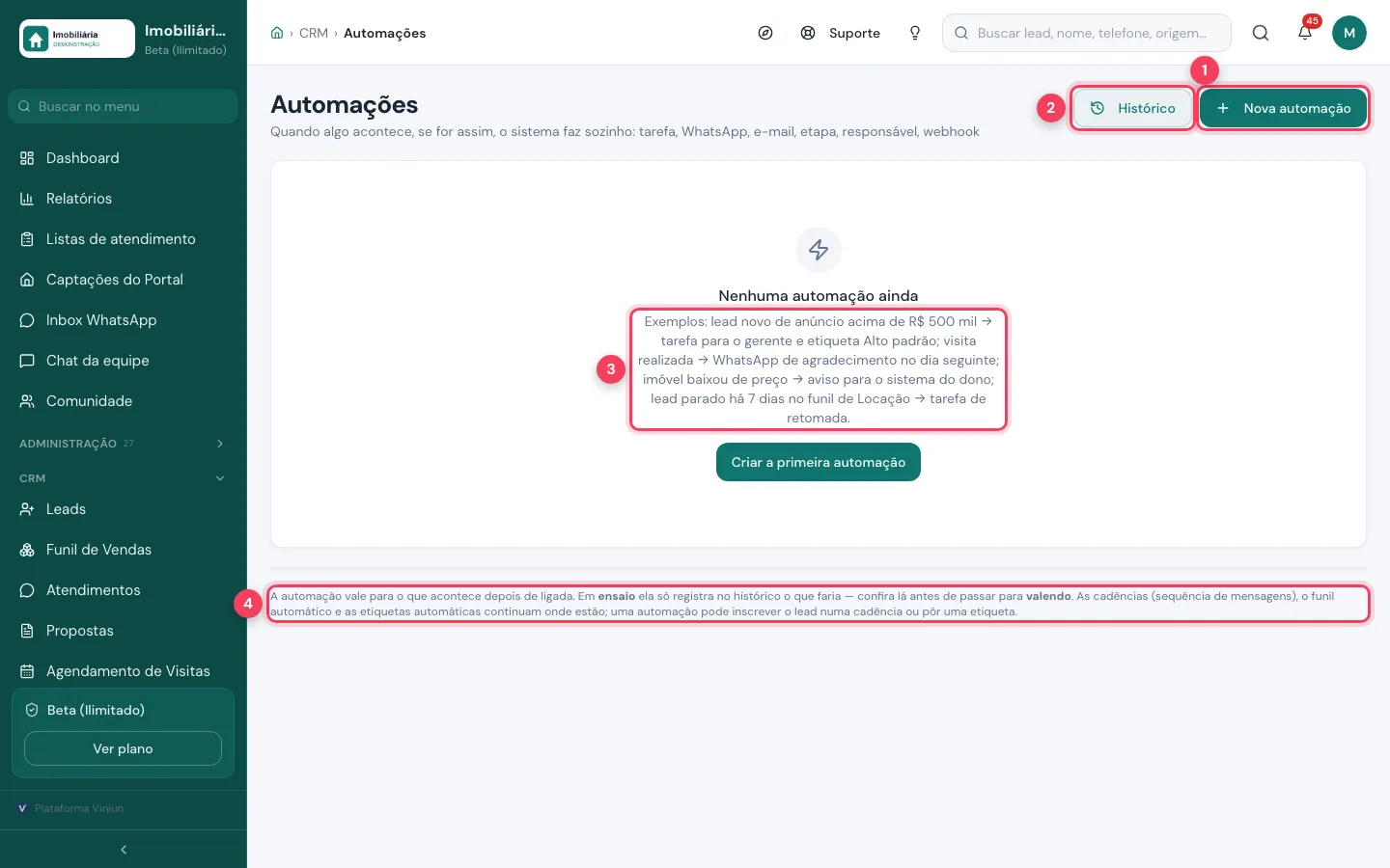Tela Automações vazia com Nova automação, Histórico, exemplos e aviso sobre ensaio marcados